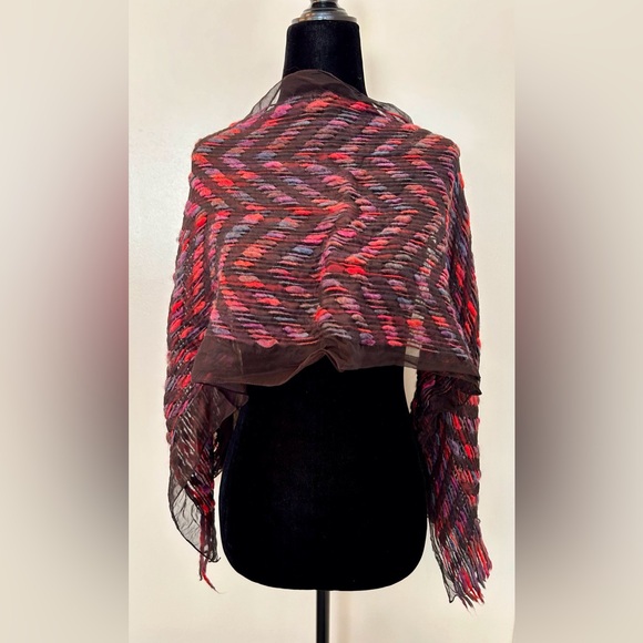 Purple Fuschia Pink Wool on Black Silk Rectangular Scarf Stole - NWOT - Picture 5 of 6